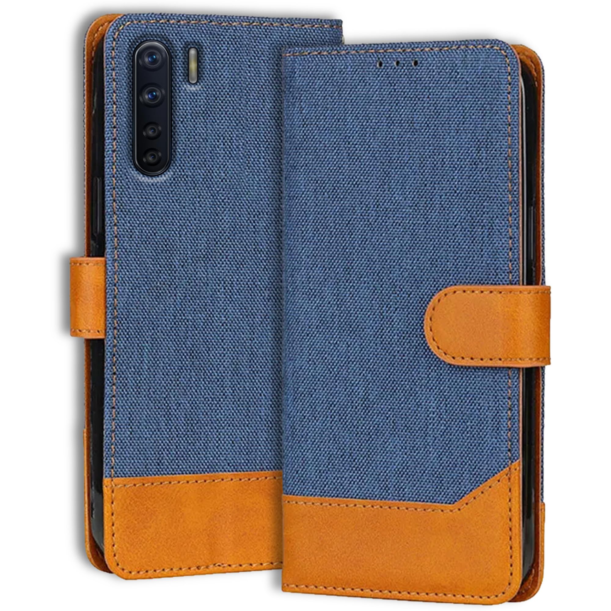 Genron Premium Flip Cover for Oppo F15 | Dual Tone Design Case |360 Protection Denim & Leather Mobile Phone Back Cover for Oppo F15 (Blue) (B0DG98Q94T) Amazon Price History, Amazon Price Tracker