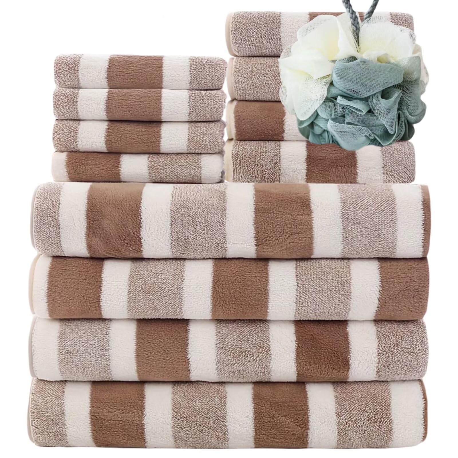 GNKBTOF 13Piece Towel Set - 4 Bath Towels, 4 Hand Towels and 4 Washcloths 1 bath flower Cotton Hotel Quality Super Soft and Highly Absorbent (Brown)