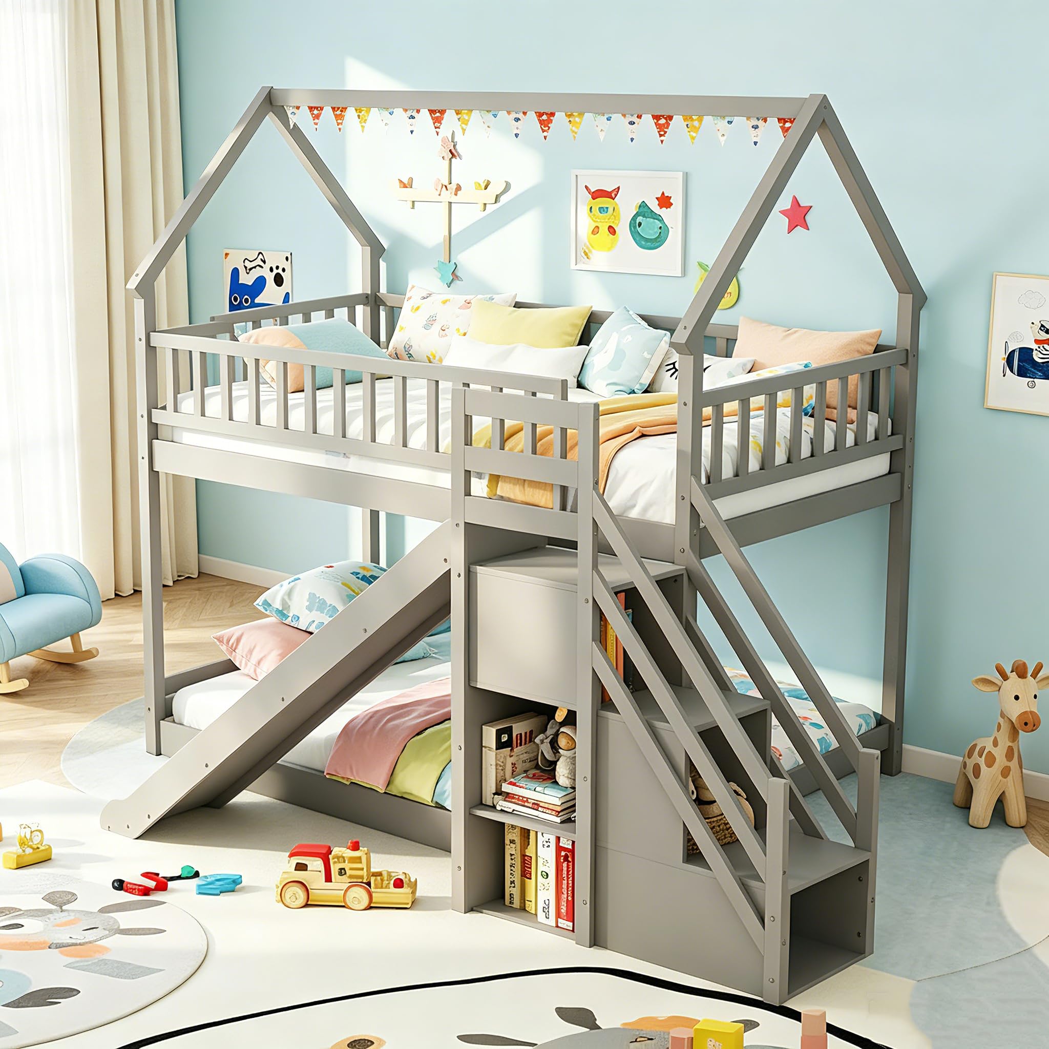 Giantex House Bunk Bed Grey