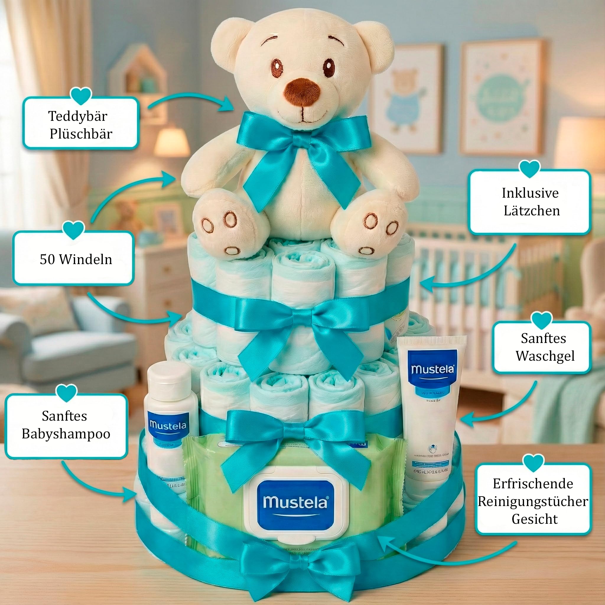 Windeltorte Junge Mädchen Baby Geschenk Set Neugeborene Windelgeschenk Pflegeartikel Baby Shower Torte Geburt Präsente Teddybär Babyparty Babykorb Premium Geschenkidee Säuglingspflege