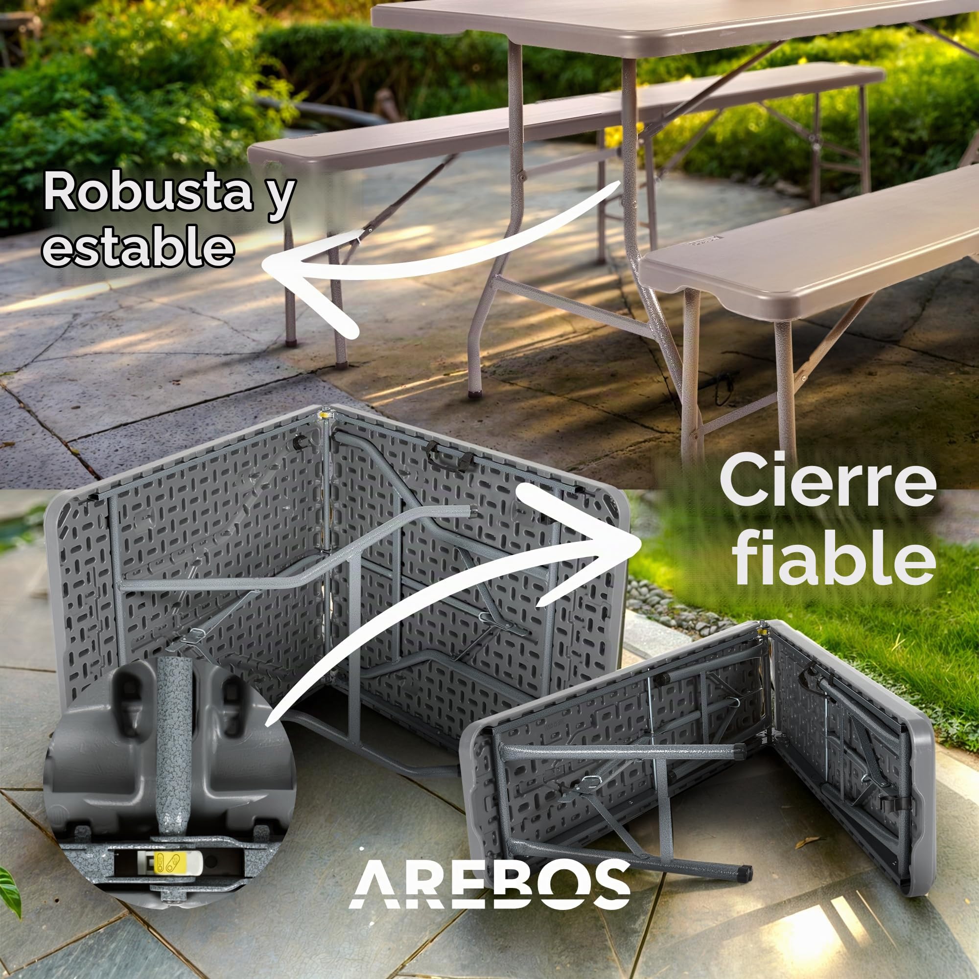 Arebos Carpa cervecera Juego de 3 Piezas Mesa + 2 x Banco | Juego de Carpa para Interior - Exterior | Plegable y con asa de Transporte Mesa de Camping | Antracita