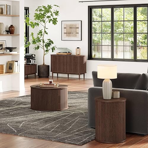 Miniatura 7 de LINSY HOME Mesa auxiliar redonda acanalada, mesa auxiliar alta con puerta corrediza y estante de almacenamiento, mesita de noche moderna, mesita de