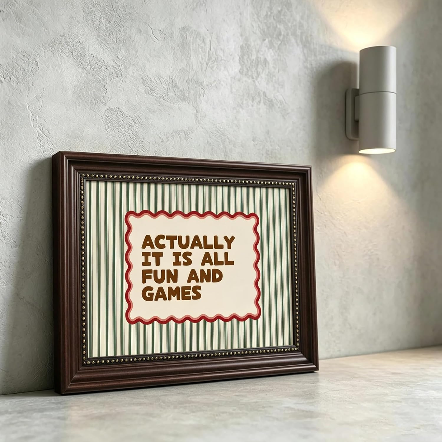 Vintage Framed Playroom Canvas Wall Art Actually It Is All Fun And Games Green Red Strioped Motivational Decor Picture Retro Positive Affirming Quote Minimalist Prints Painting For office Bedroom Dorm Appartment image 4