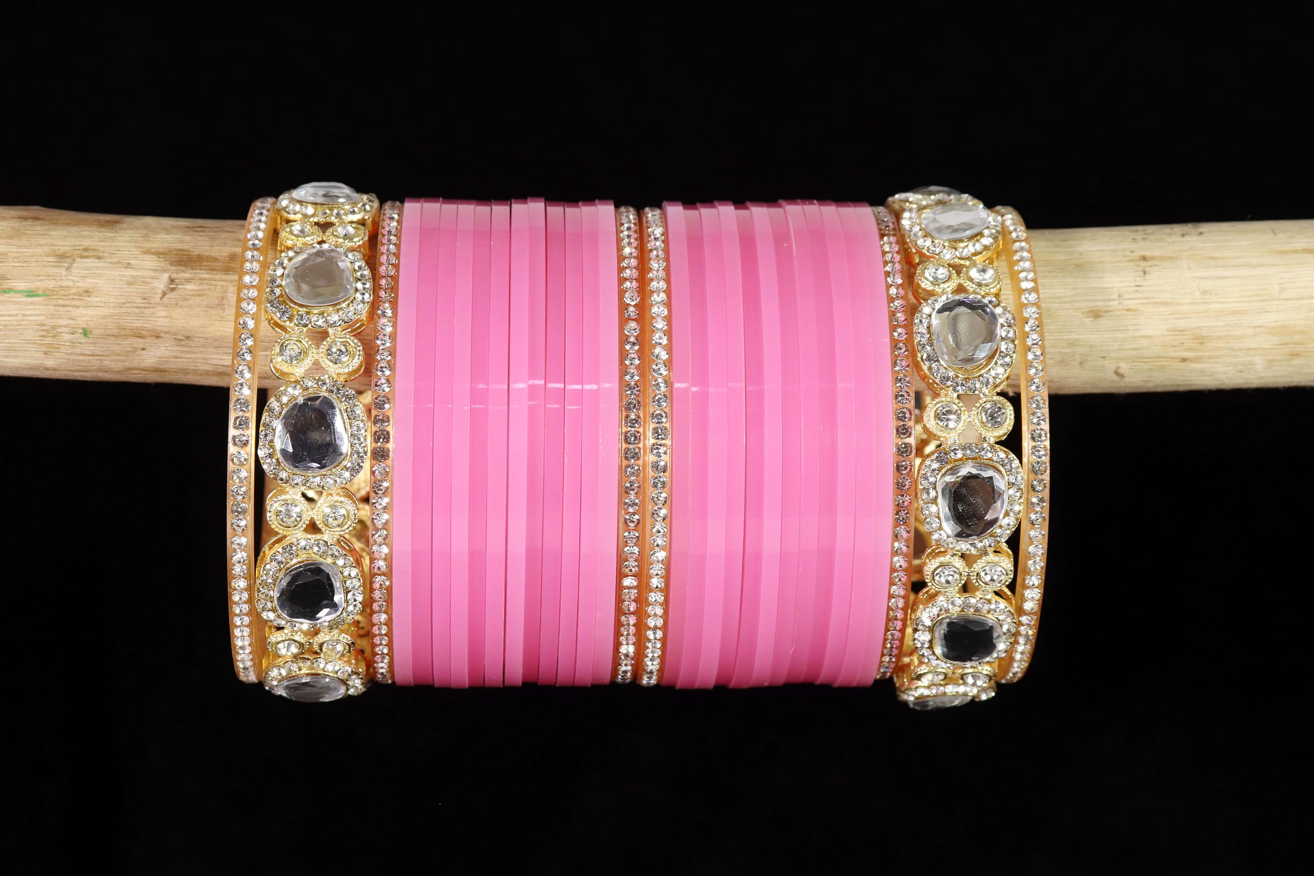 LAVAZZA Traditional Golden Metal Zircon Stone & Kundan Acrylic Bangles Chuda Set For Bridal Women & Girls | Chuda Set Pink For Bridal | Chudi Set for Women -(ChudaSet-2-Pink-2.6), Set of 64 2