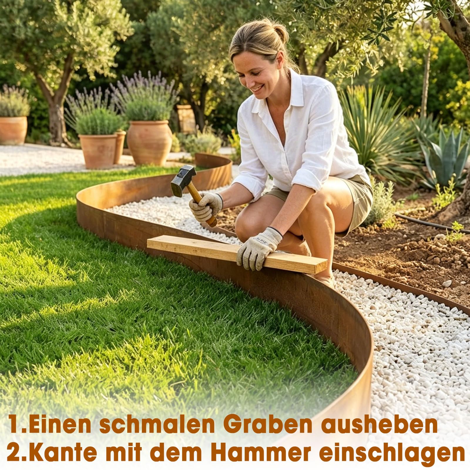 Rasenkante Metall 10 m x 15,5 cm Cortenstahl Beeteinfassung Beetumrandung Rostoptik Rasenkanten, Biegbare Rasenkante für Rasen, Beete, Kiesflächen und Wege (rostoptik 10 m)