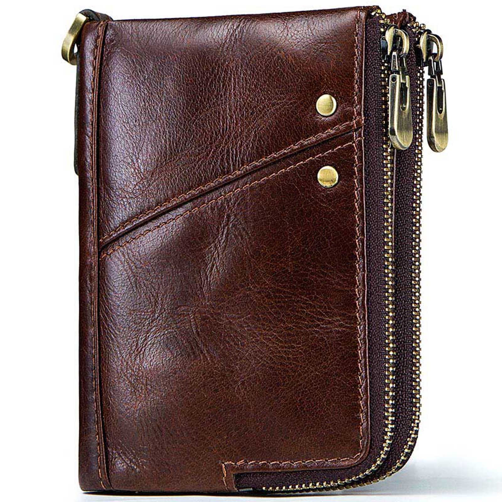 Mens Wallet with Chain Genuine Leather RFID Blocking Wallet Bifold Double Zipper Coin Pocket with Credit Card Holder and Zipper Coin Pocket Purse Slim Purse with 12 Card Holder
