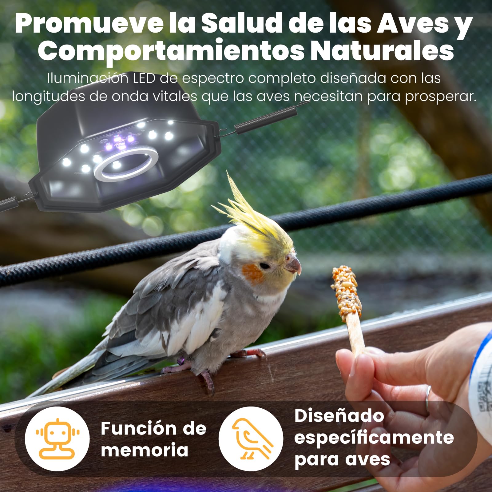GlowUp Lámpara para Aves UVB 2.4 10W, Luz LED de Espectro Completo para Aves con Cable Resistente a Mordeduras, Dispositivo Octogonal Regulable para Jaula con Enchufe EU para Loros, Cacatúas