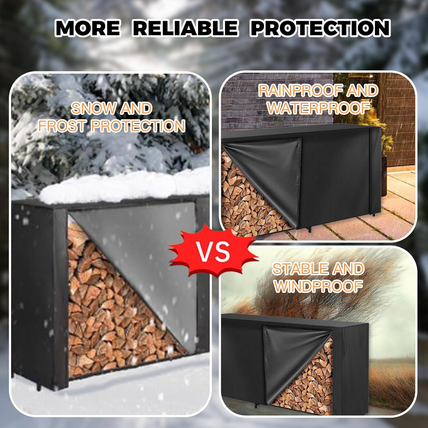 8Ft Firewood Rack Cover, Firewood Cover With Zipper & Adhesive Closing Strips, Heavy Duty Black 600d, Waterproof, Windproof, And Sun-Protective, Rack Not Included