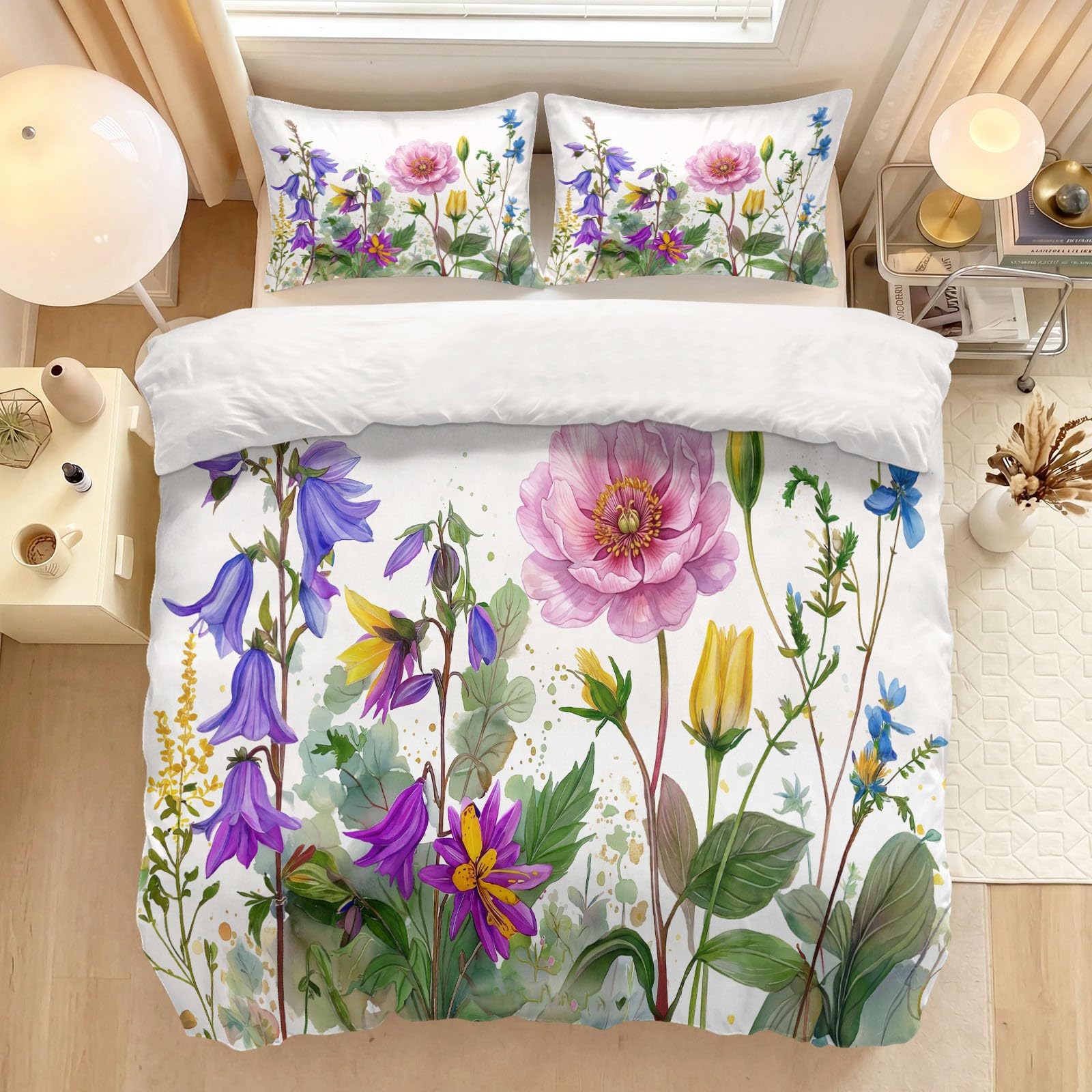 Parure de lit double 200x200 avec housse de couette fleurie et taies 65x65
