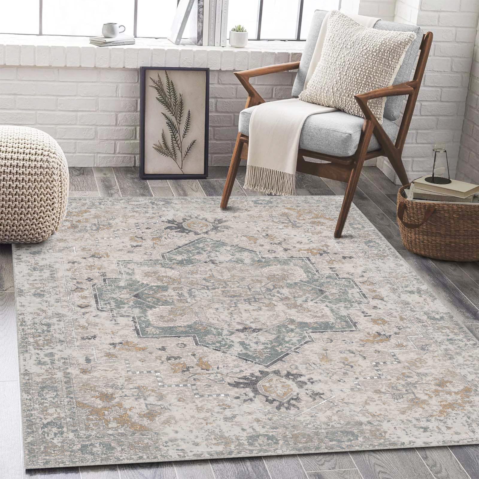 LOOMY 5x7 Washable Floral Area Rug Vintage Rugs Indoor Non Slip Carpet Fuzzy Rug, Mat for Bedroom Living Room Rugs Office Rug