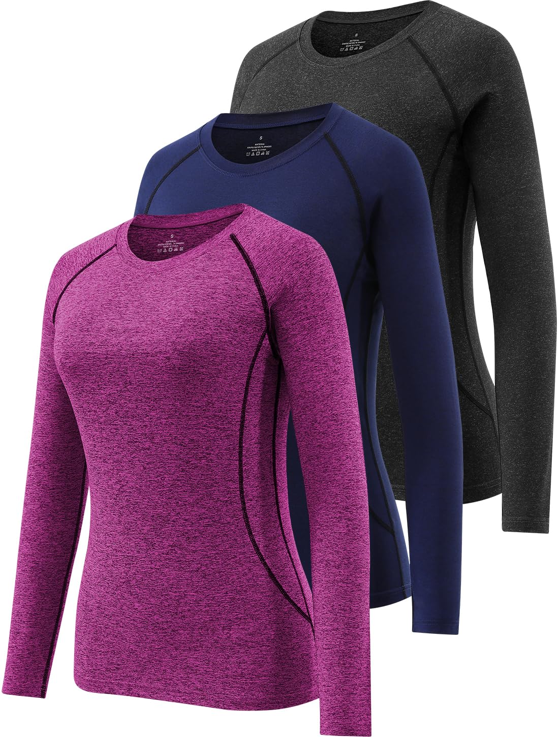 Ullnoy Paquete de 3 camisetas de gimnasio de manga larga para mujer, de secado rápido, transpirables, para yoga, deportes, cuello redondo, camiseta térmica