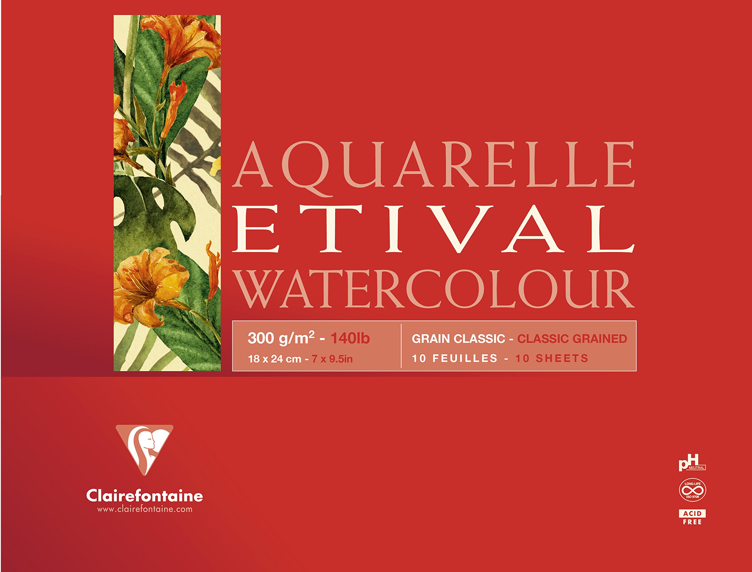 Clairefontaine - Ref 96389C - Etival Classic Grained Glued Watercolour Painting & Drawing Pad (10 Sheets of Paper) - A5 (21 x 14.8cm) - 300gsm Cellulose Art Paper