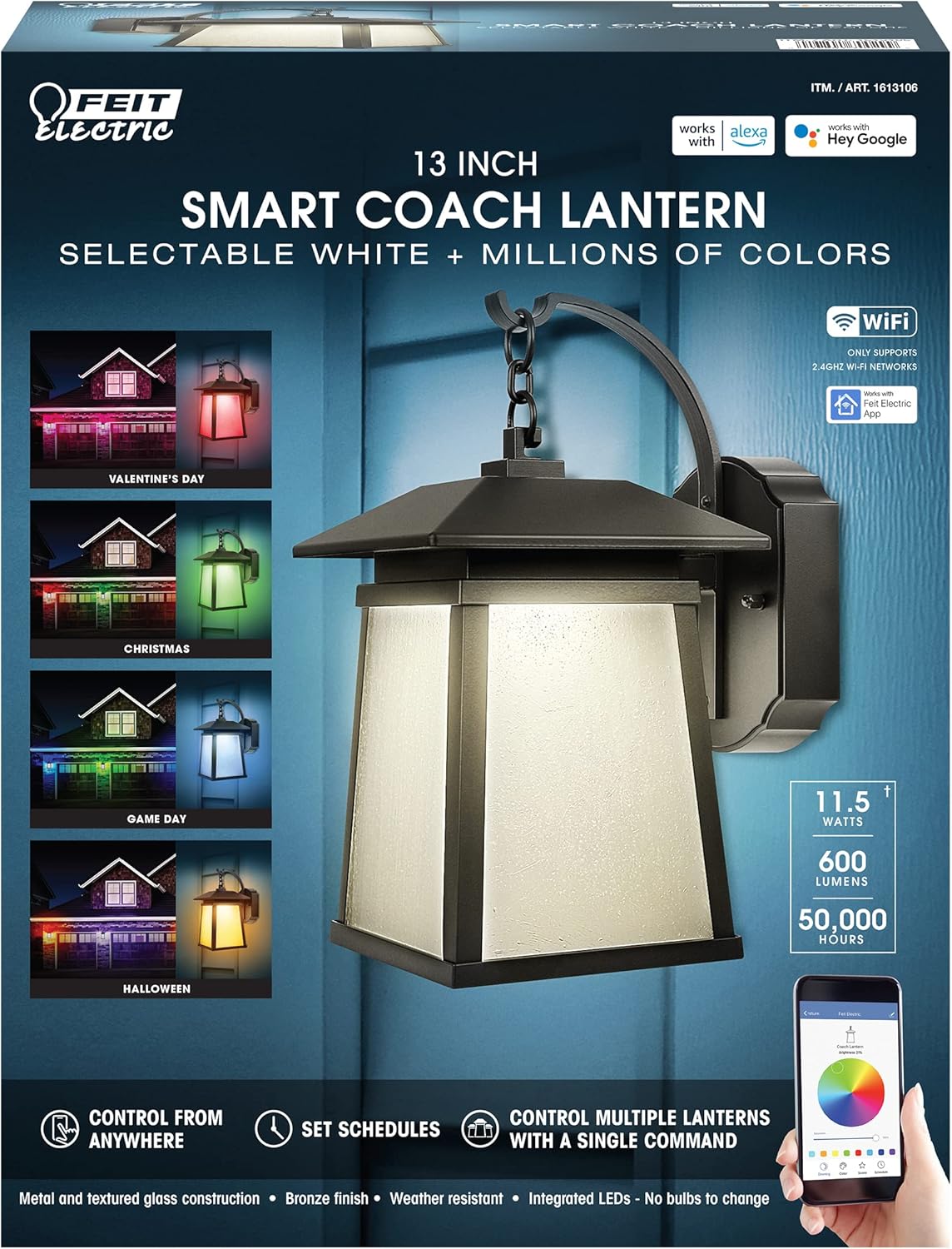 Feit Electric Smart Coach Lantern packaging, showing features and compatibility
