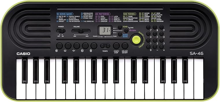 Casio Mini Keyboard, Casiotone SA-46, 32 Mini Keys, Built-in 100 Tones, Accurate Pitch for Convenient Audio Tracking, LCD Screen, 2 Power Supply, Makes a Great Gift
