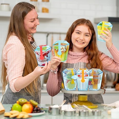 Miniatura 7 de Dandat Paquete de 100 tazas de postre de plástico con purpurina de 5 onzas con tapas, juego de cucharas cuadradas con purpurina, tazas desechables