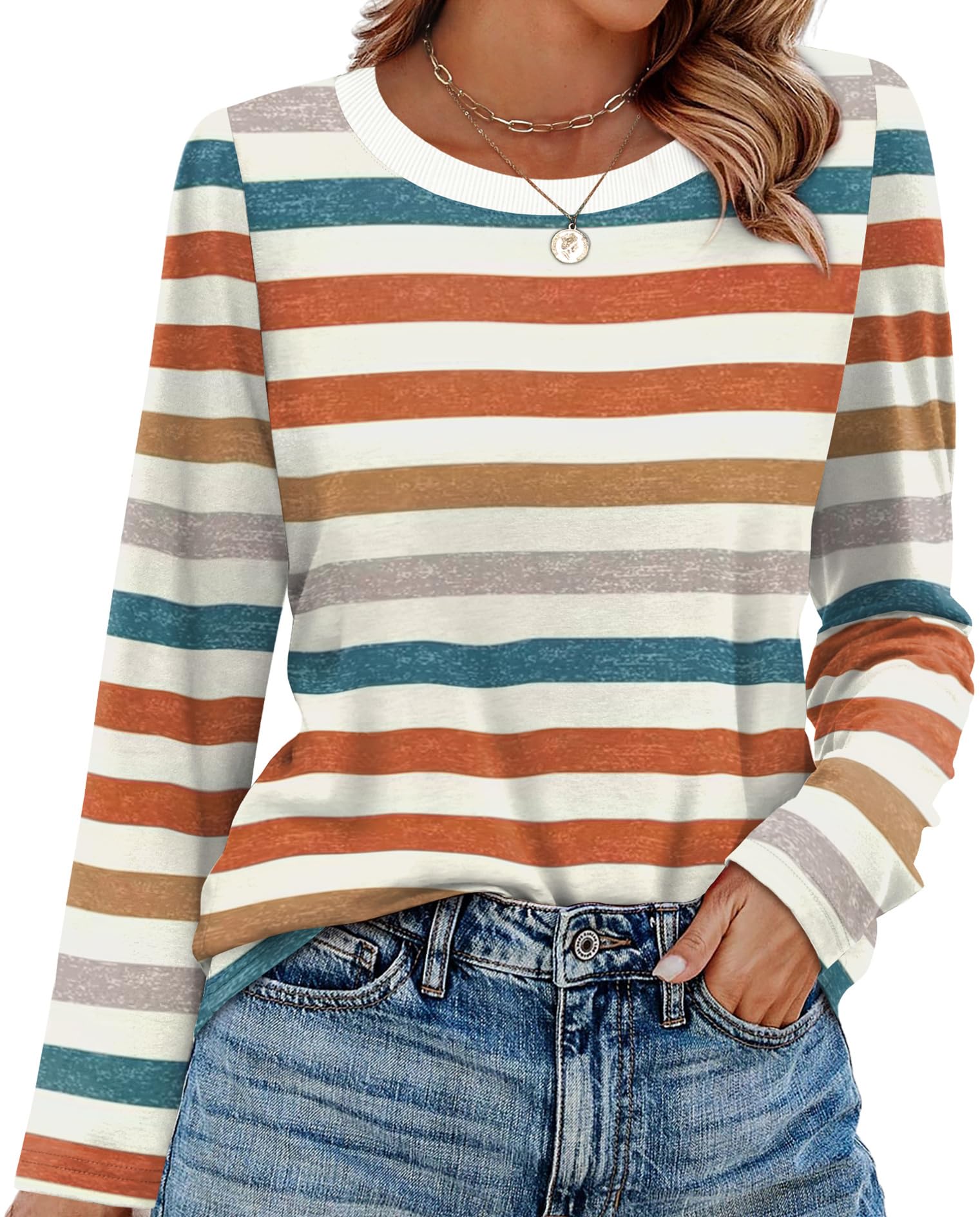 WIHOLL Womens Long Sleeve Shirts 2025 Striped Color Block Tops Fall Fashion Clothing Ribbed Crewneck Tee Blouses