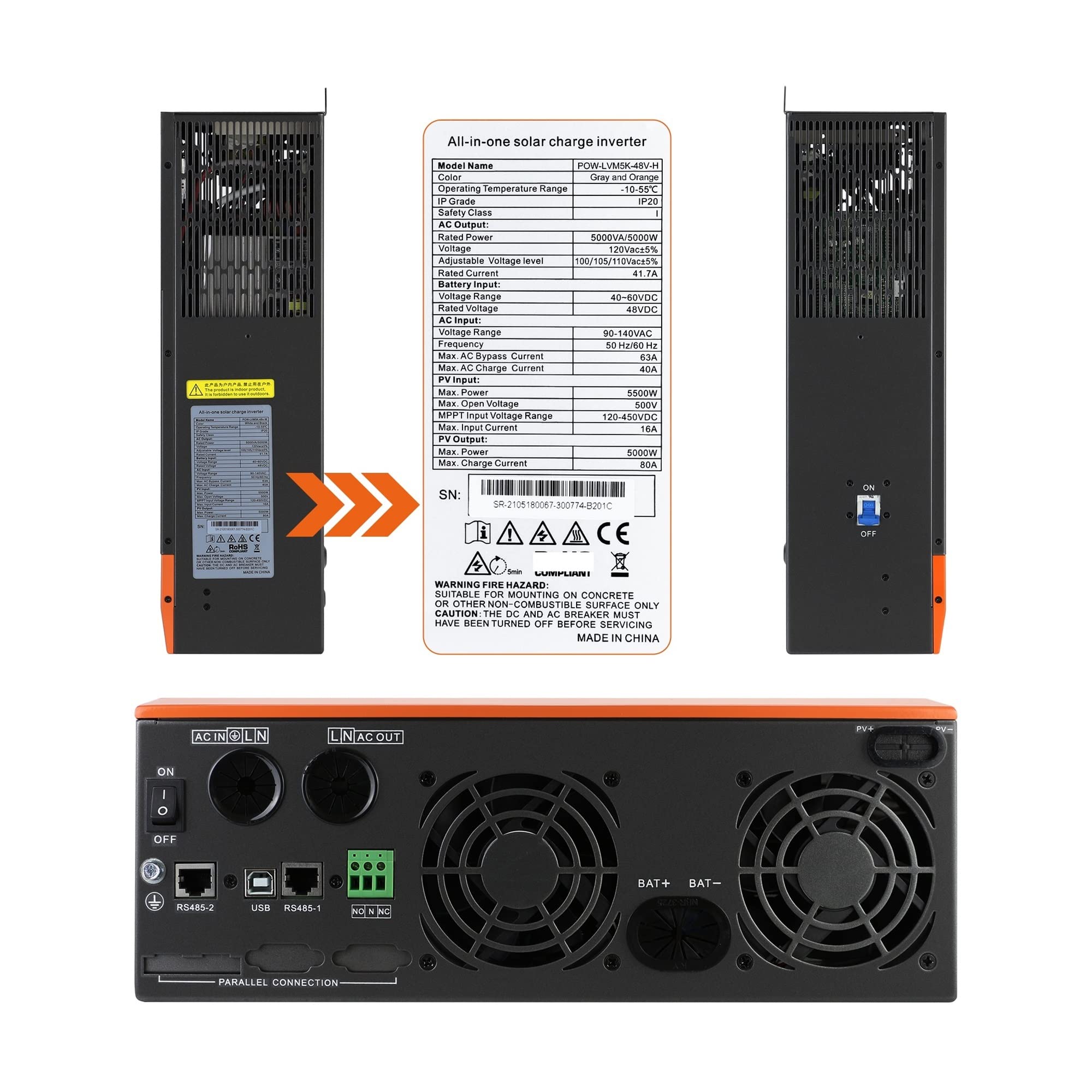 Inwerter solarny 110 V, hybrydowy, 48 V, 24 V, 5 kW, 3 kW, wbudowana ładowarka 80 A, 60 A, hybrydowy falownik sinusoidalny, 100 V do 120 V (3 kW 24 V, z Wi-Fi, 100-120 V)