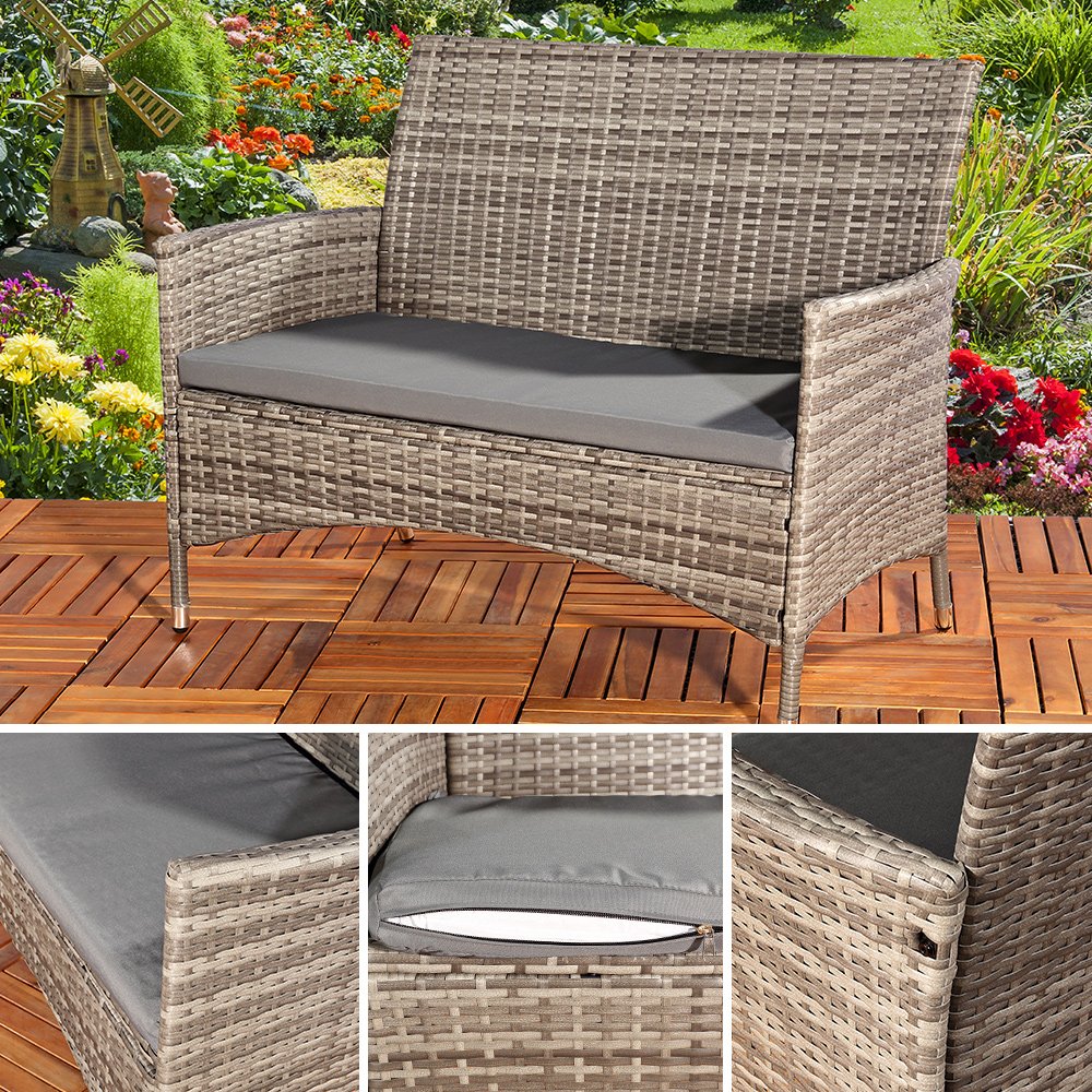 Melko Panchina da Giardino in Polyrattan con Cuscino, Colore Grigio, Dimensioni 108 x 51 x 89 cm, Struttura in Metallo