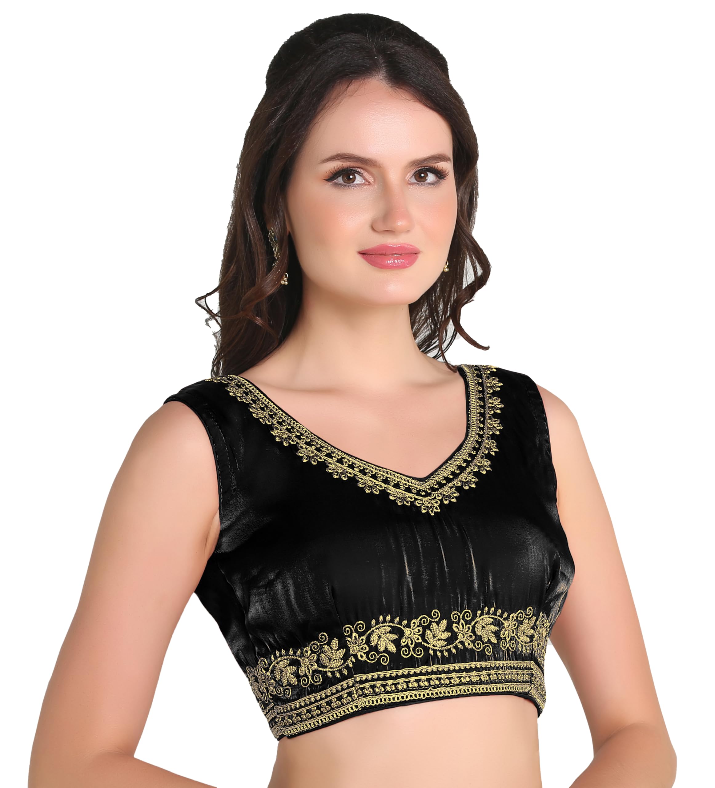 Pujia Mills Women's Heavy Milan Silk Solid Sleeveless Regular Blouse (Rashi Black 38