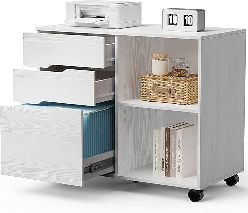 OLIXIS Archivador de madera de 3 cajones, pequeño soporte móvil para impresora de archivado lateral con estantes abiertos para oficina en casa,