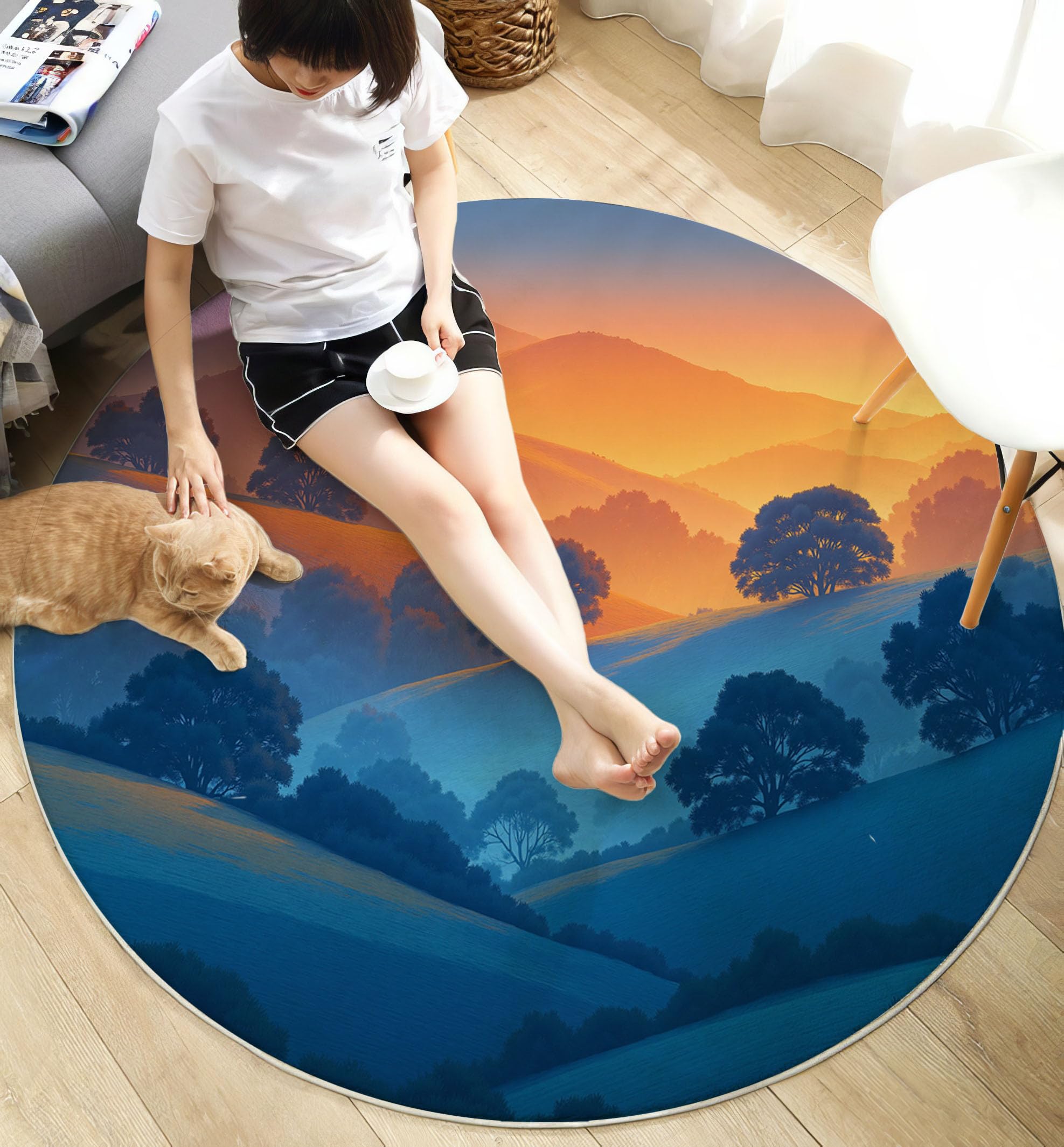 Runder Teppich Pastellfarben 100cm Kurzflor Teppich, Waschbar Rund Weich Rutschfest Teppiche, Minimalistische Landschaft Sonnenaufgangshügel Bäume für Wohnzimmer Küche Schlafzimmer Kinderzimmer