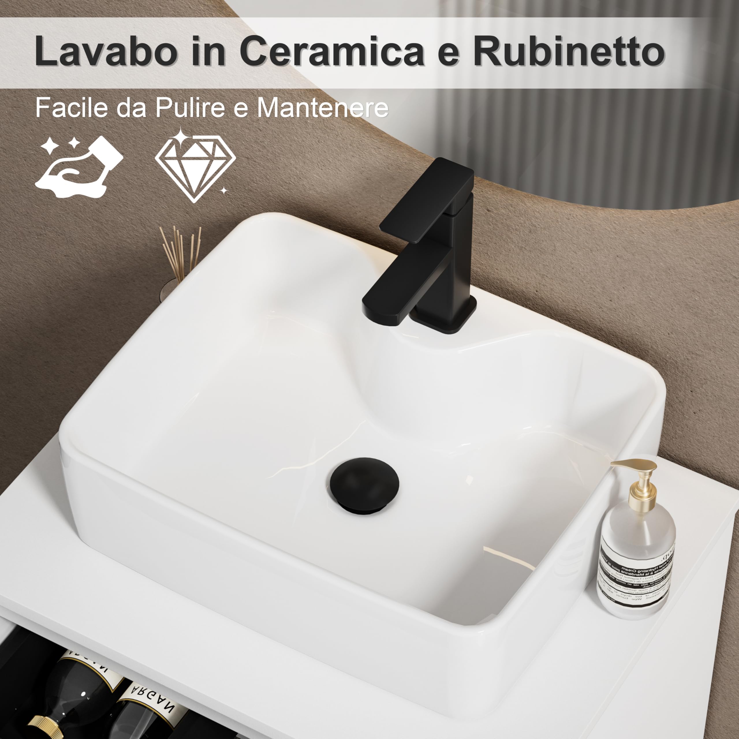 UEV Mobiletto Bagno 60CM con Lavabo in Ceramica, Mobile Bagno Sospeso Combina Eleganza e Funzionalità, Lavandino con Mobiletto da Parete, Bianco+Nero