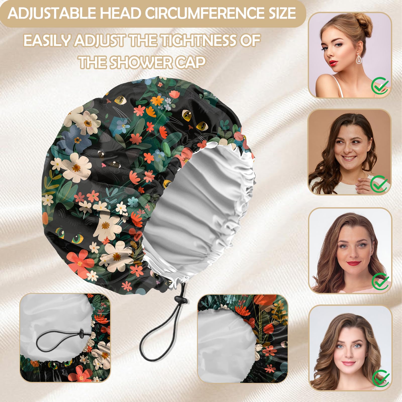 2 gorros de ducha ajustables, reutilizables, de doble capa impermeable, elásticos, para el cabello, bonitos gorros de baño estéticos para mujeres y niñas, hongos y gatos