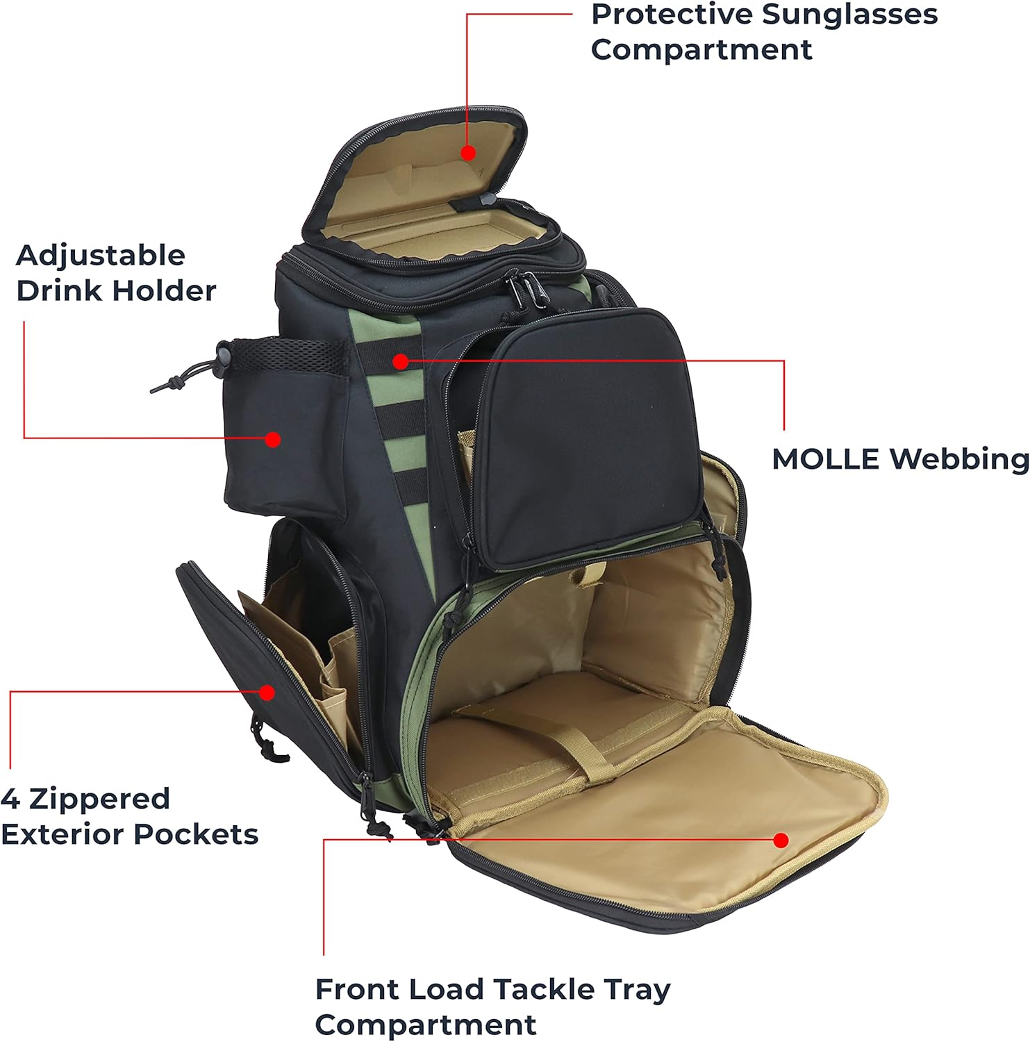 OSAGE RIVER Fishing Backpack, Fits 4 Large Tackle Boxes MOLLE Webbing Rod Holder Waterproof Cover, Includes Pliers Flashlight