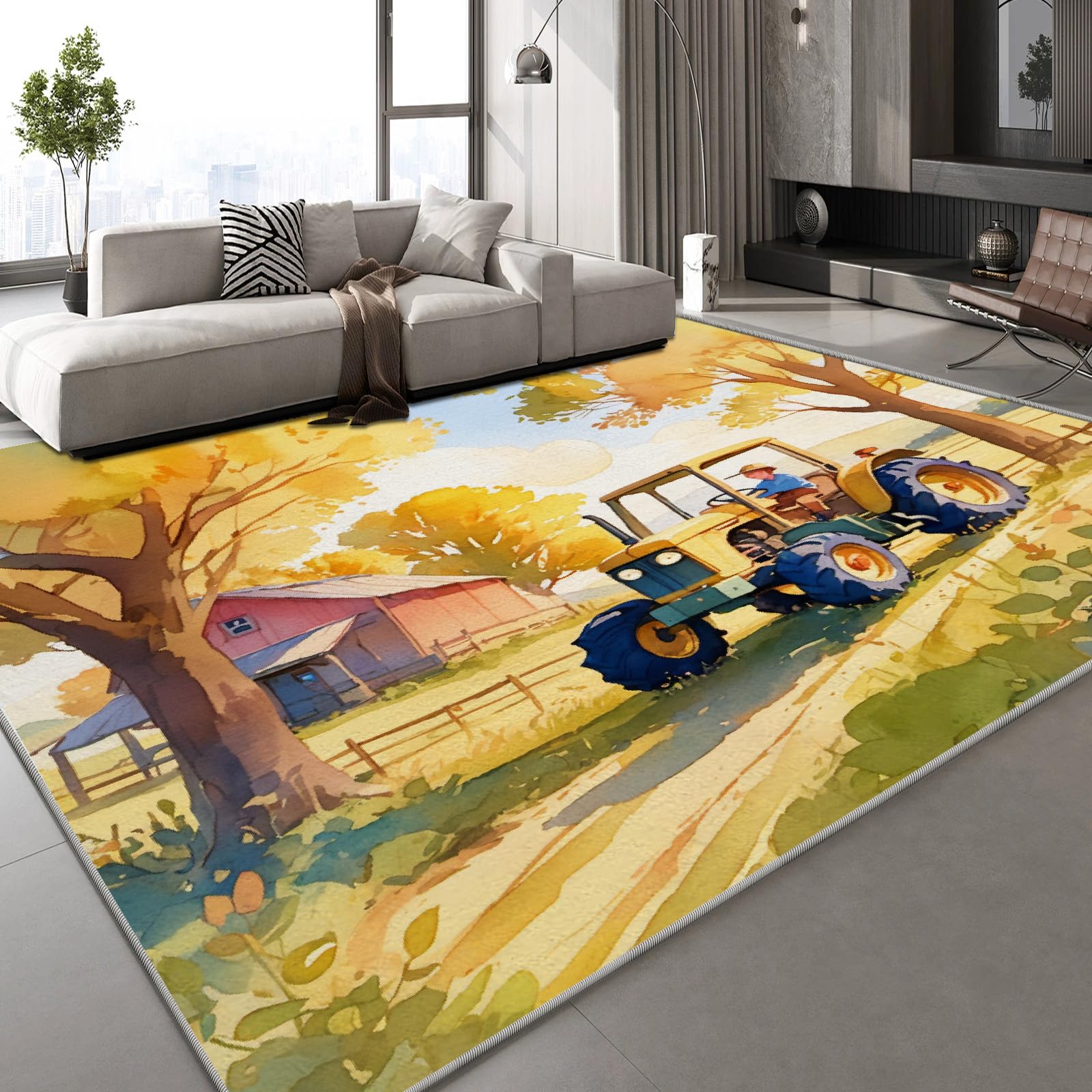 Generisch Teppich Kurzflor Kaschmirimitat Weich Strapazierfähig 180x240 cm Traktor Baufahrzeug 3D Muster Land Bauernhof Druck Teppich rutschfeste Unterseite Geeignet für Bäder Küchen Eingangsbereiche