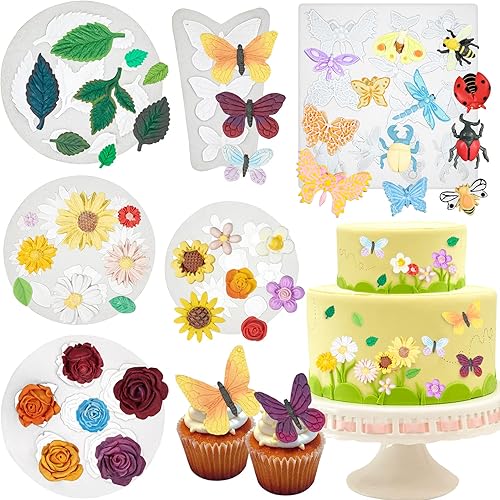 Moldes de silicona para fondant de hojas de rosas e insectos, paquete de 6 44 cavidades para resina UV, resina epoxi para fundición de joyas,