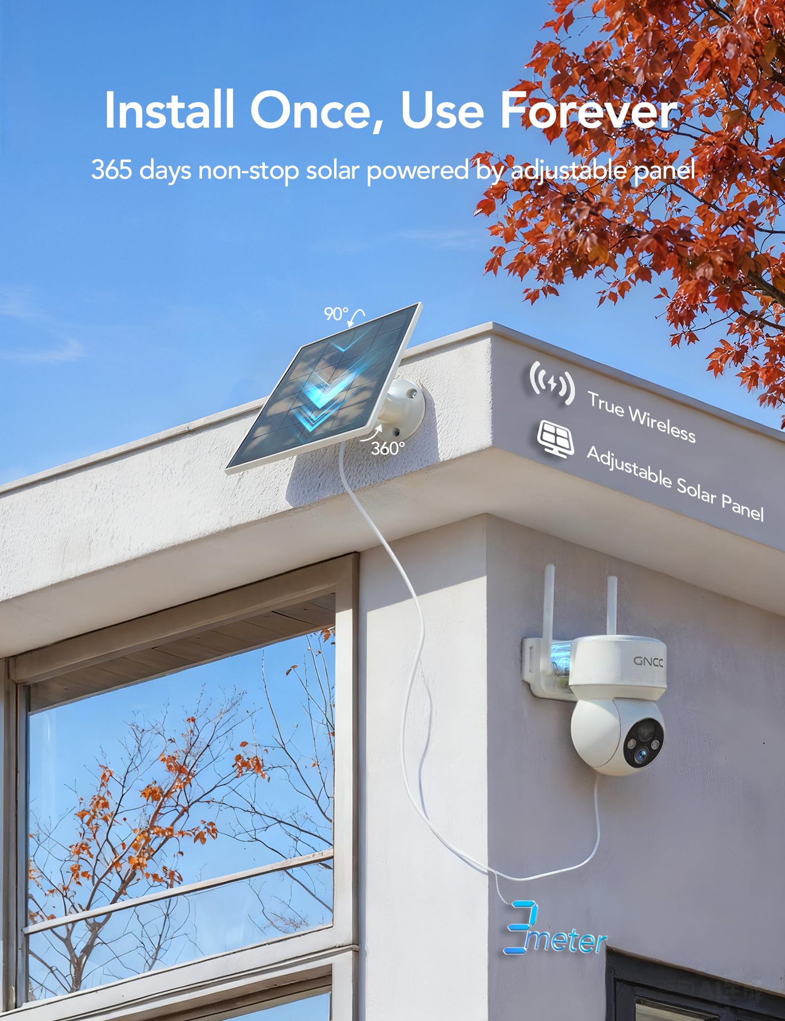 GNCC Bezprzewodowa zewnętrzna kamera nadzorująca WiFi - panel słoneczny, 360° PTZ, zewnętrzna kamera solarna 1080 P/2 MP 2,4 GHz, wykrywanie ludzkości, noktowizor, dwukierunkowy dźwięk