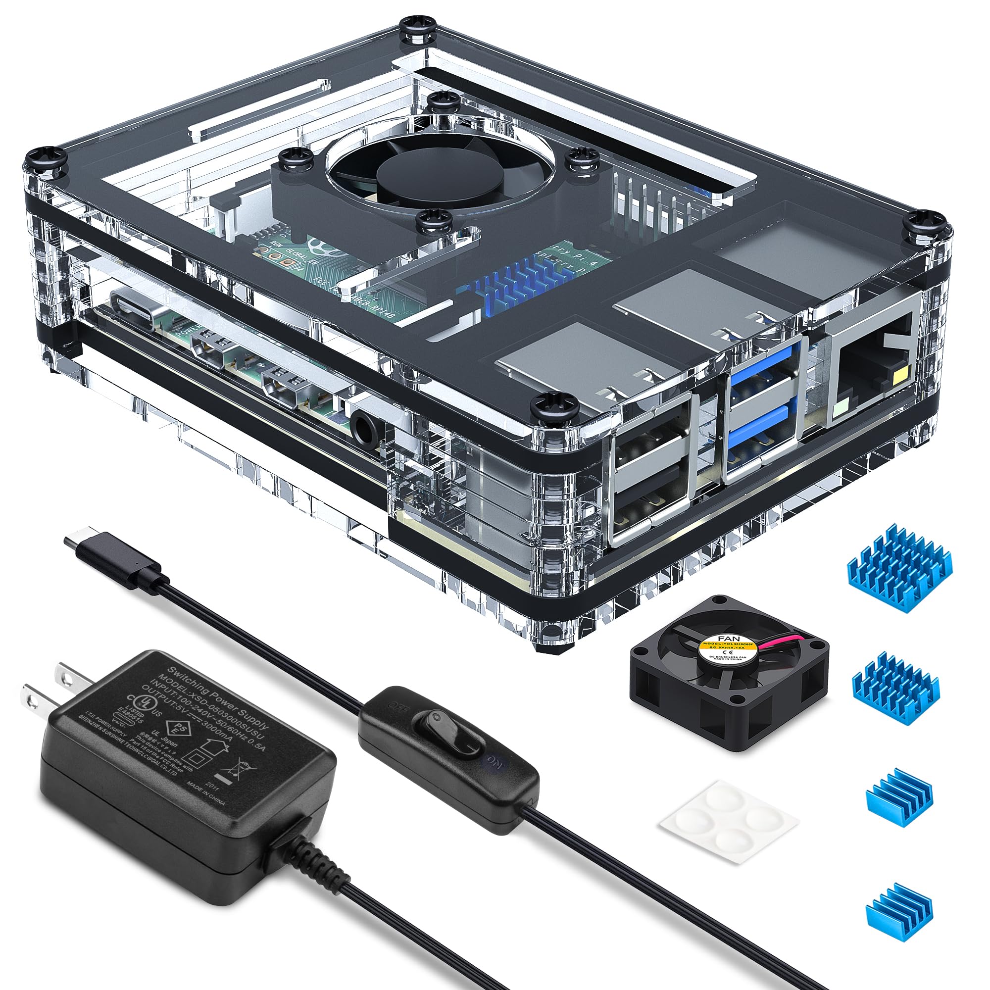 Miuzei Raspberry Pi 4 Case with Fan Cooling Pi 4B Case with 5V 3A Power Supply, 4 pcs Aluminum Heatsinks Support Pi 4 Model B 8gb/4gb (No Raspberry Pi Board)