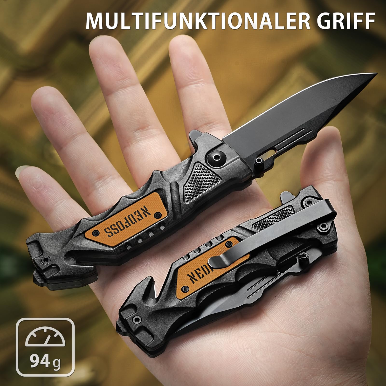 NedFoss DA75 MINI Rettungsmesser 7.5CM Klappmesser mit Gurtschneider Glasbrecher Liner Lock Kugellager Einhandmesser Survival