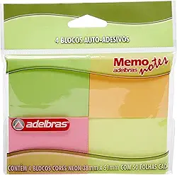 Bloco de Recado Adesivo Memonote, Cores Neon, 38x51 mm, 50 Folhas, Adelbras