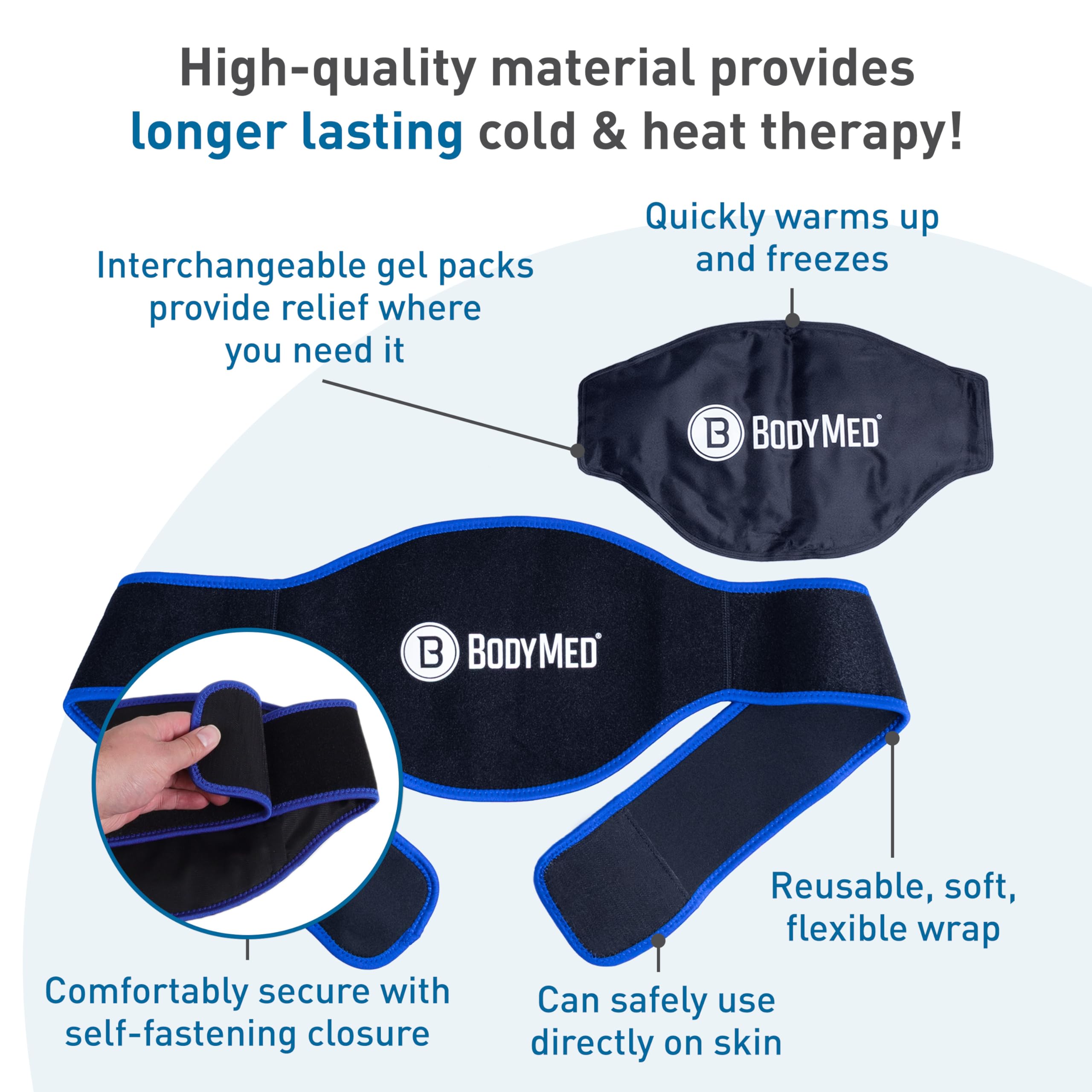 BodyMed Versátil paquete de gel para terapia de frío y calor, flexible y reutilizable, para aliviar el dolor, neopreno ajustable, transpirable, apto para microondas y congelador, ideal para espalda