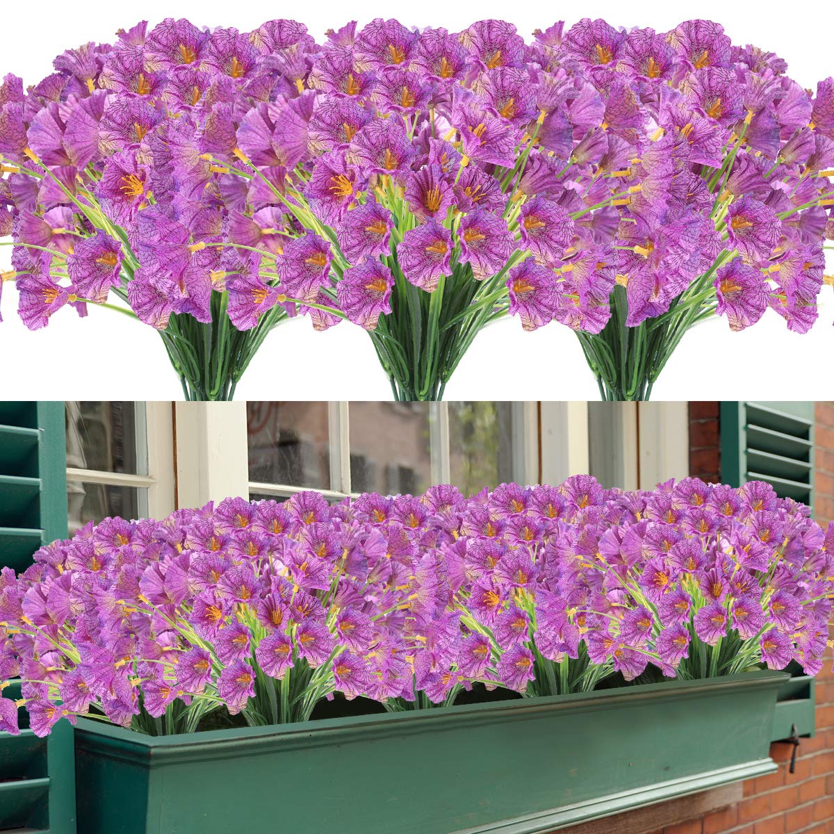 ZEOSTARO Artificial Flowers 12 Bundles Outdoor UV Resistant Fake Flowers No Fade Faux Plastic Greenery Shrubs Garden Porch Window Box Decorating (Purple)