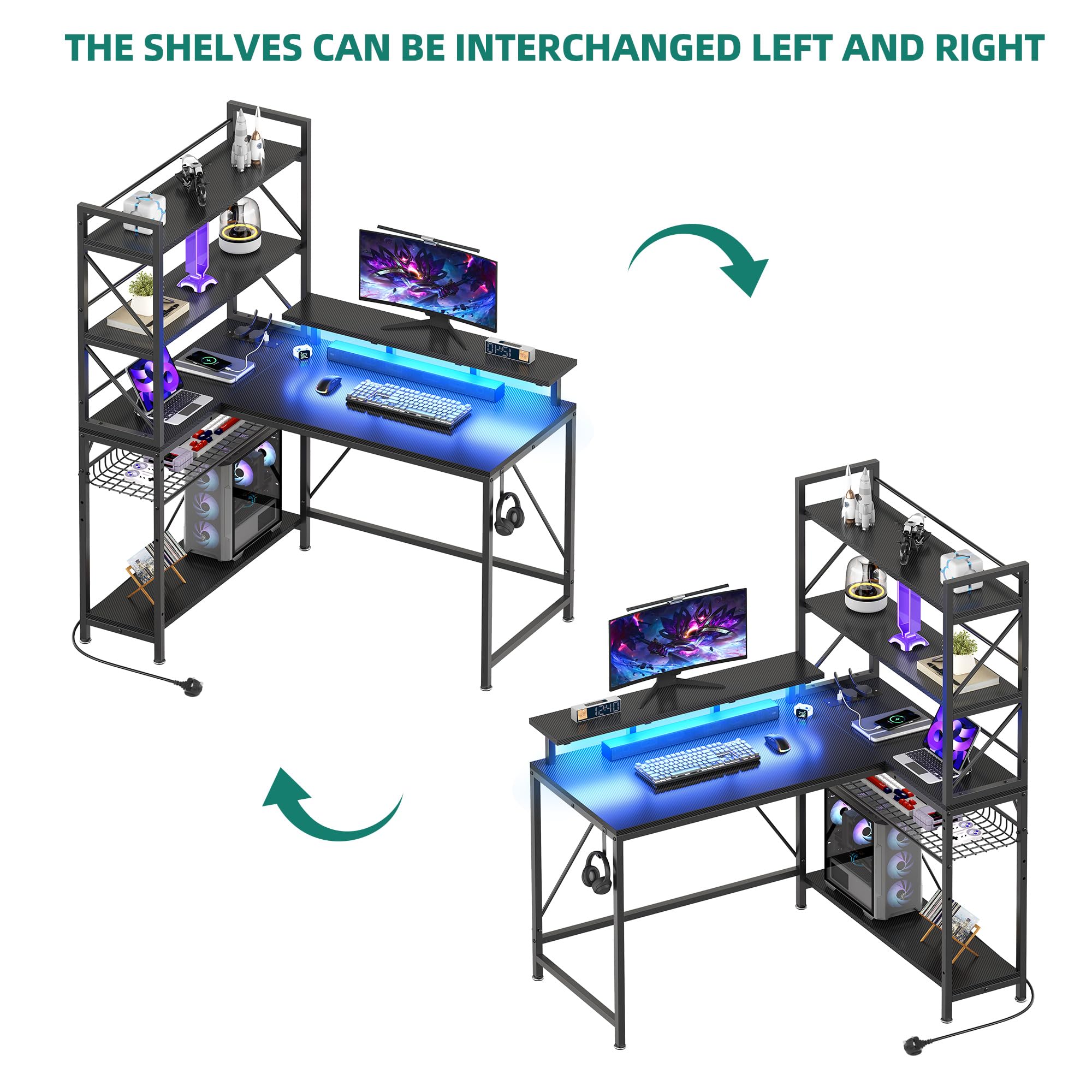 YITAHOME Escritorio esquinero para Juegos en Forma de L con Tomas de Corriente y Luces LED, Escritorio de Esquina con estantes de 120 cm, Escritorio Reversible para computadora con estantes de