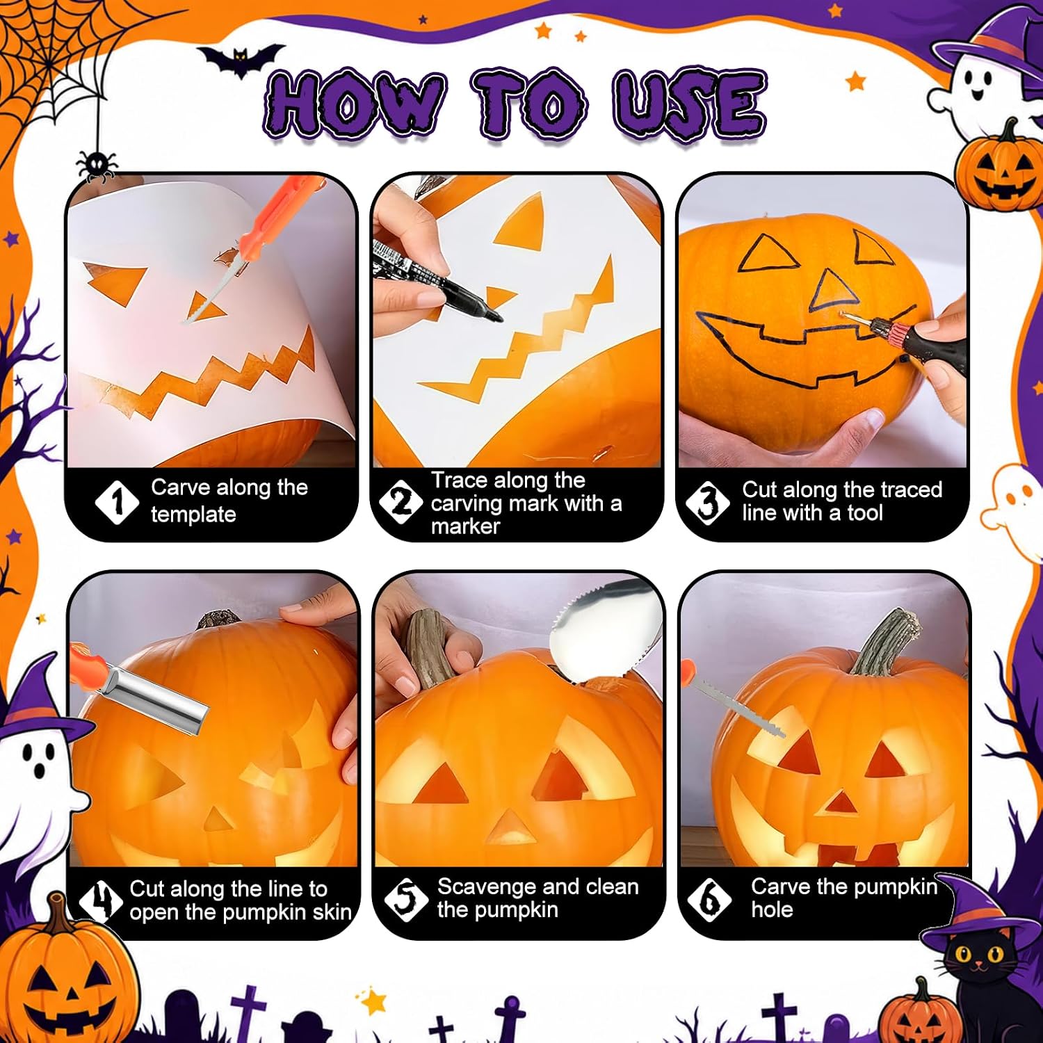 Lothee 152 Pcs 8 Set Halloween Pumpkin Carving Kit, Carving Tools with Storage Bag, Drawing Stencils, Trick or Treat Pumpkin Candy Tote Bag, Halloween Party Gift Decoration (Mixed Style)