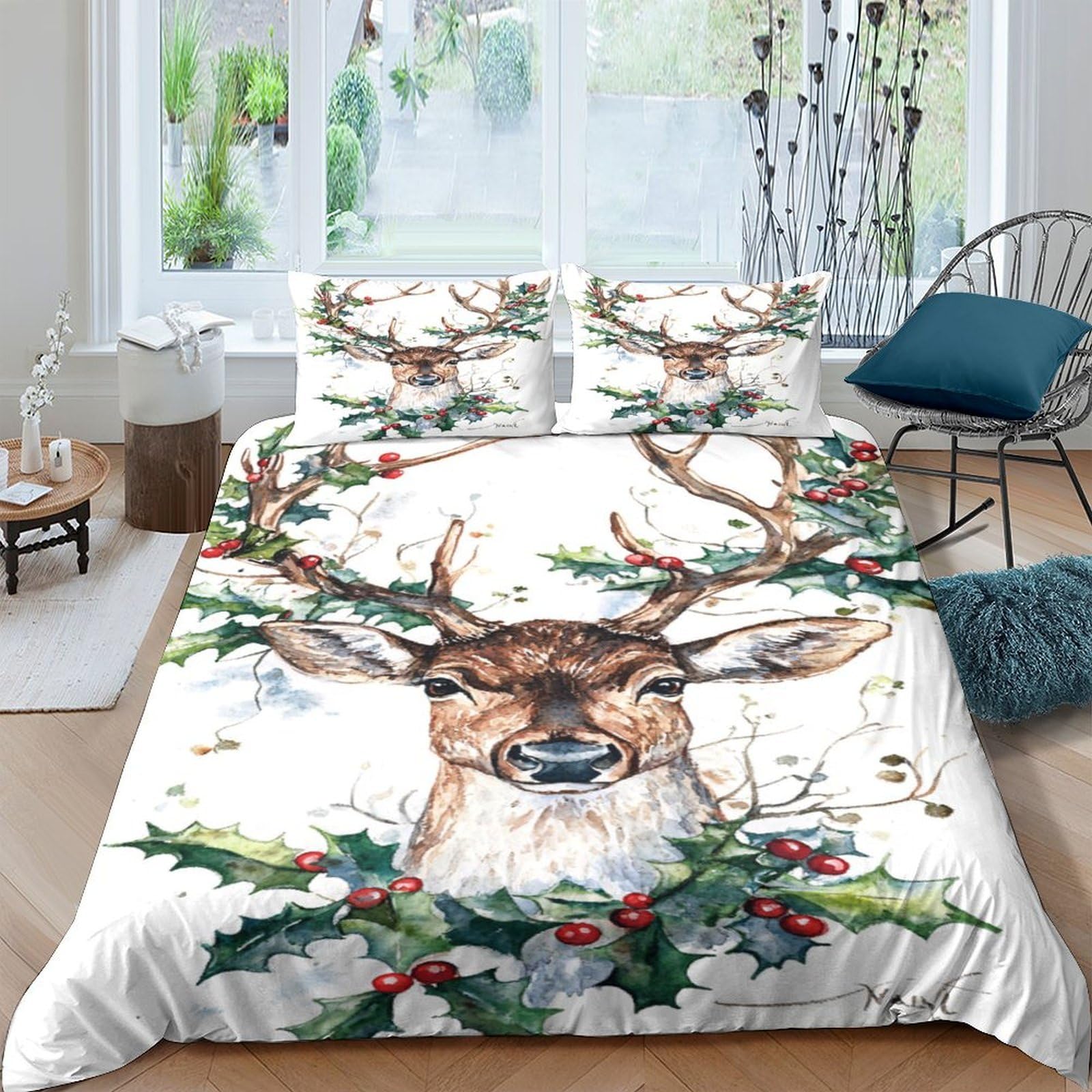 Ctjqhvkz Style-5 3D Printed Christmas Reindeer Fitted Sheet Microfiber Soft Anti-Slip Holly Berry Bed Cover For Bedroom Guest Room Easy Care Decor Single（135X200cm）