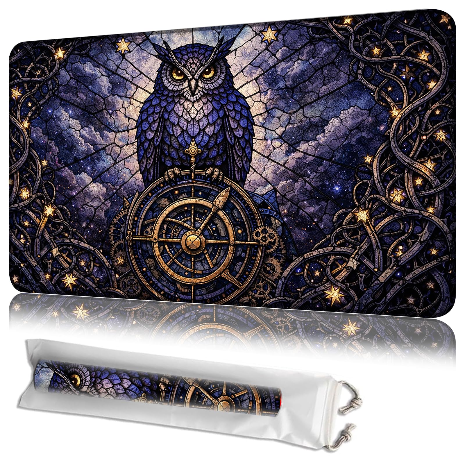JANENFNA MTG Playmat 24"x14" with Storage Bag, Machine Washable Non-Slip Rubber Mat, 2mm Thick Stitched Edge for Magic The Gathering TCG Players, Stained Glass Owl — image 1