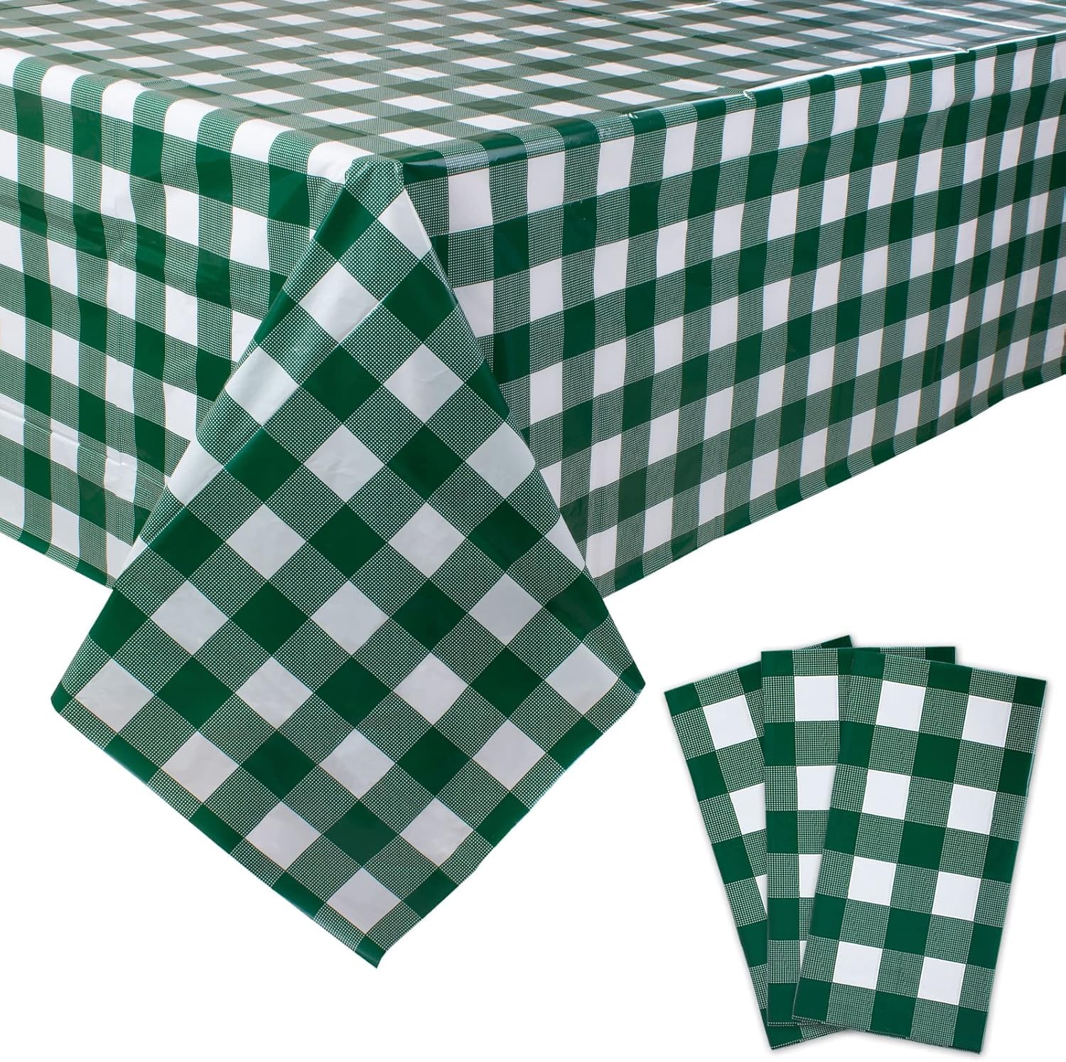 Samtress 3 Packs Gingham Tablecloths 54 x 108 Inches Green&White Checkered Tablecloths Disposable Plastic Gingham Tablecovers Waterproof Rectangle Picnic Table Covers for Outdoor,Events,Party Supplies