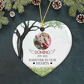 Personalized Forever in Our Hearts Ceramic Ornament Christmas, Customized Picture & Name Pet Memorial Christmas Ornament 2023, Angel Wings Photo Cat Xmas Ceramic Ornaments Gifts for Loss of Love Pet