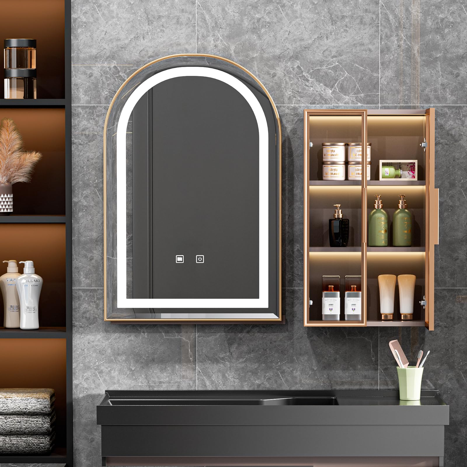 Miroir de salle de bain arqué LED doré miroir mural lumineux design