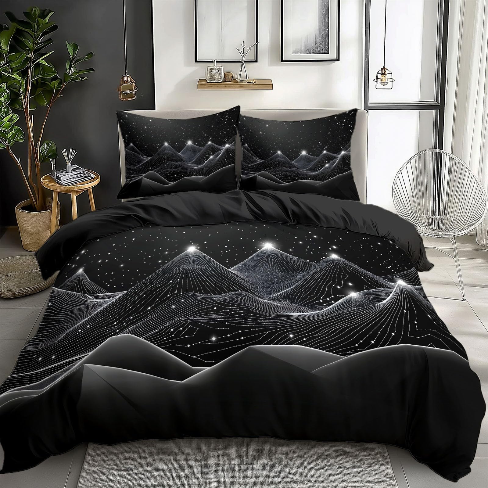 Linge de lit 240x260 cm montagne noire avec fermeture éclair et taies 65x65
