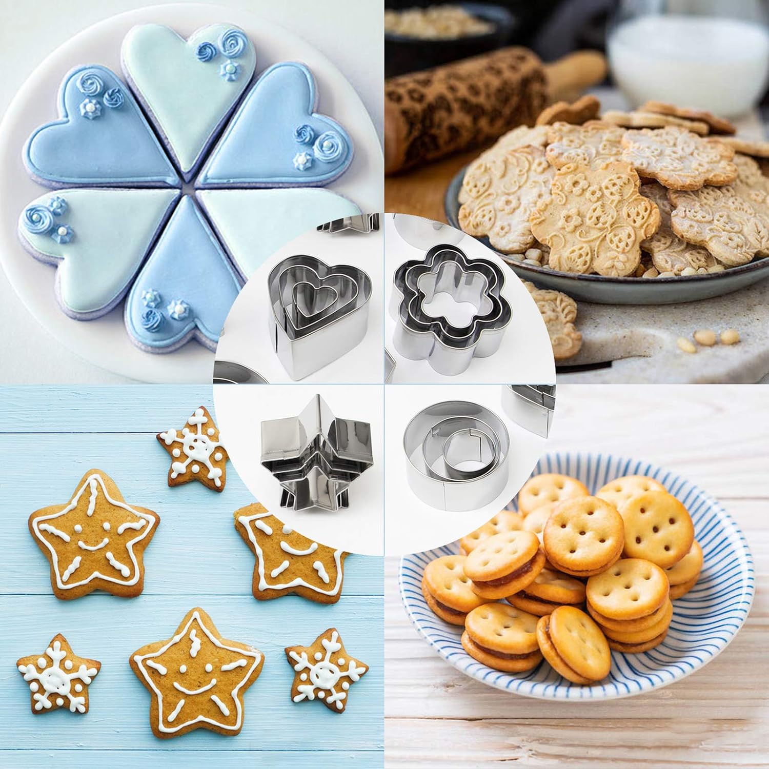 Chrider Mini Metal Cookie Cutters Set, Geometric Shapes Cookie Biscuit Cutter Set, Star Flower Hexagon Round Heart Square Triangle Oval Stainless Steel Cutter for Baking (24 Pcs Small Cookie Cutters)