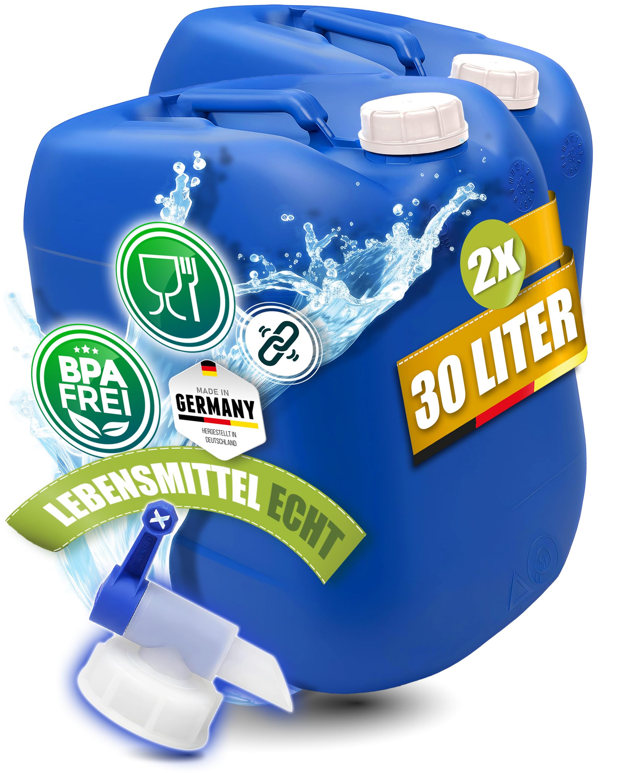 30L Großer Wasserkanister Blau, BPA frei lebensmittelecht, Made in Germany | Kosmetex Wasser Kanister Blau 30 Liter Groß für Camping, Garten, Gewerbe & Haushalt, Robust, Geschmacksneutral für Getränke