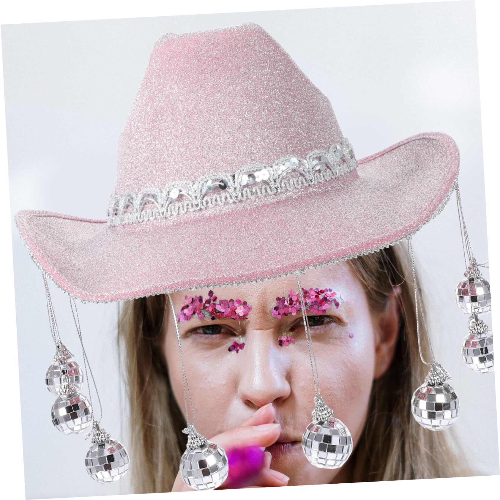 Alipis Spiegelkugel Cowgirl Hut Curved Western Hat mit Glänzender Disco Fringe für Festival Karneval Cosplay Party und Bühnenauftritt Damen Kopfbedeckung