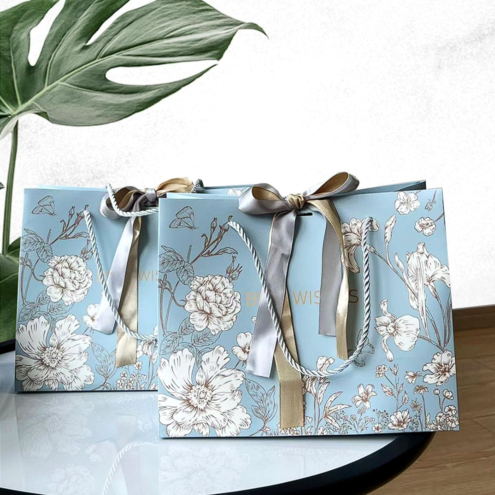 Bolsas de papel con lazo azul (paquete 20 por tamaño), asa cinta gruesa, for tiendas ropa, embalajes minoristas y cumpleaños(M)