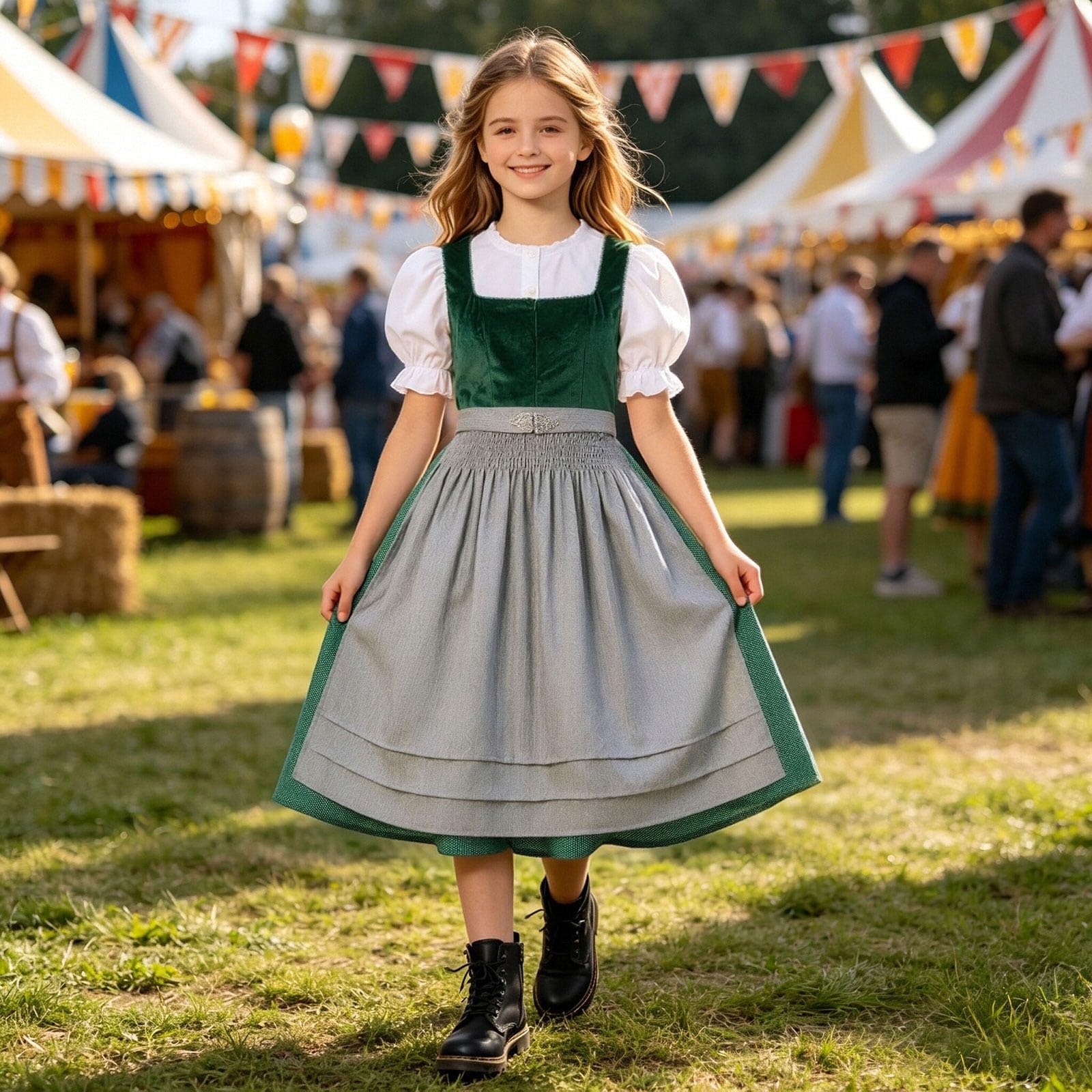 Trachtenrock Mädchen, Bayerisches Bierfestkleid für Kinder mit Blumenmuster, Schnürung am Oberteil, traditionelles Oktoberfestkleid für Mädchen