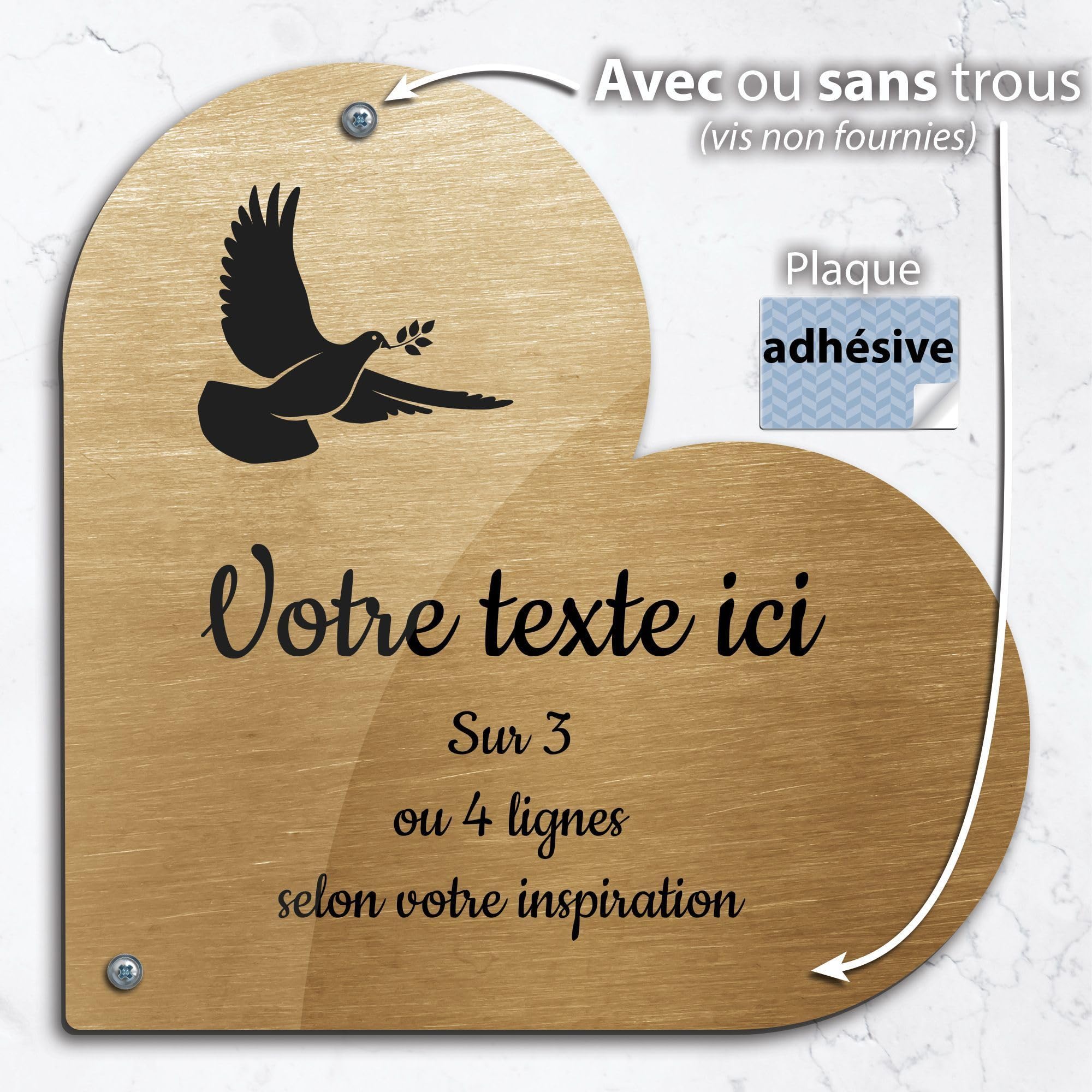Plaque Funéraire Colombe Avec Rameau – 15x15 Cm Acrylique Personnalisée 1-3 Lignes, Or Brossé, Adhésive Ou Percée
